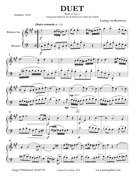 Beethoven Three Duets Woo 27 For Baritone Sax Bassoon Sheet Music