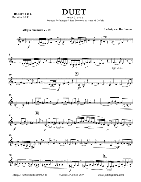 Beethoven Three Duets Woo 27 For Trumpet Bass Trombone Sheet Music