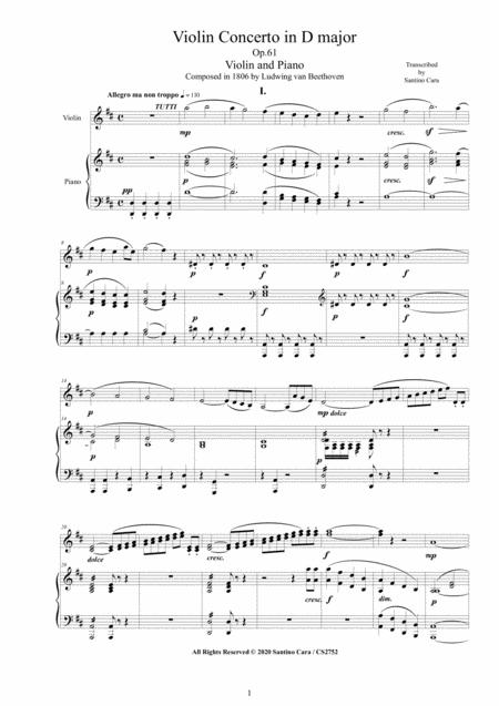 Free Sheet Music Beethoven Violin Concerto In D Major Op 61 For Violin And Piano Score And Part