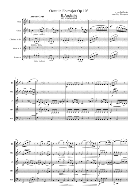 Beethoven Wind Octet In Eb Major Op 103 Mvt Ii Andante Wind Quintet Sheet Music