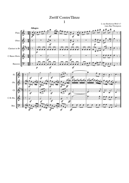 Free Sheet Music Beethoven Zwlf Contretnze Twelve Countredances No 1 Wind Quintet