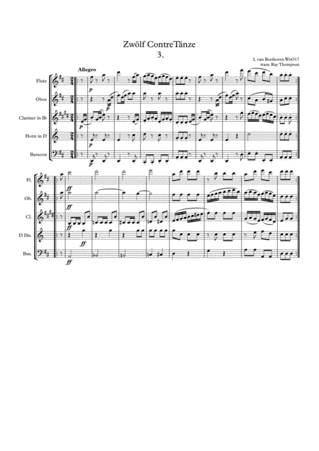 Beethoven Zwlf Contretnze Twelve Countredances No 3 Wind Quintet Sheet Music