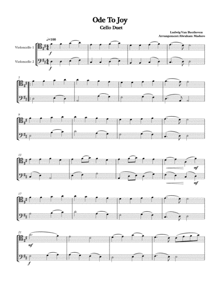 Beethovens Ode To Joy Cello Duet Sheet Music