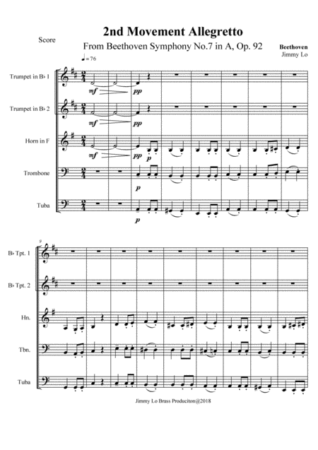 Beethovens Symphony No 7 2nd Movement For Brass Quintet Sheet Music