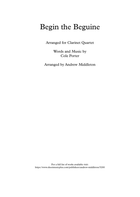 Begin The Beguine Arranged For Clarinet Quartet Sheet Music