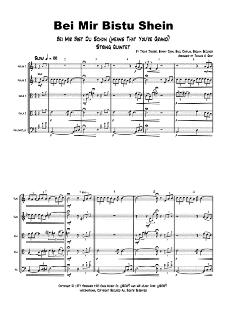 Bei Mir Bistu Shein Bei Mir Bist Du Schn Means That You Re Grand String Quintet Sheet Music