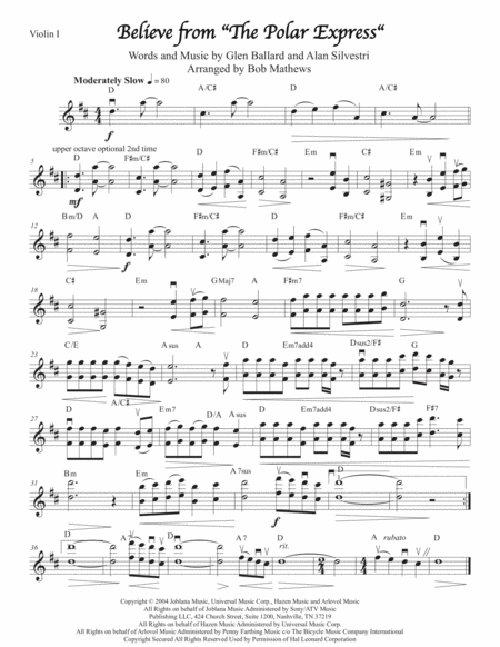 Believe From Polar Express For Violin Solo Sheet Music