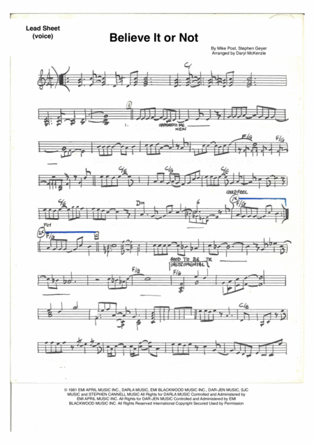 Free Sheet Music Believe It Or Not Vocal Or Instrumental 8 Piece Band Key Of C To D