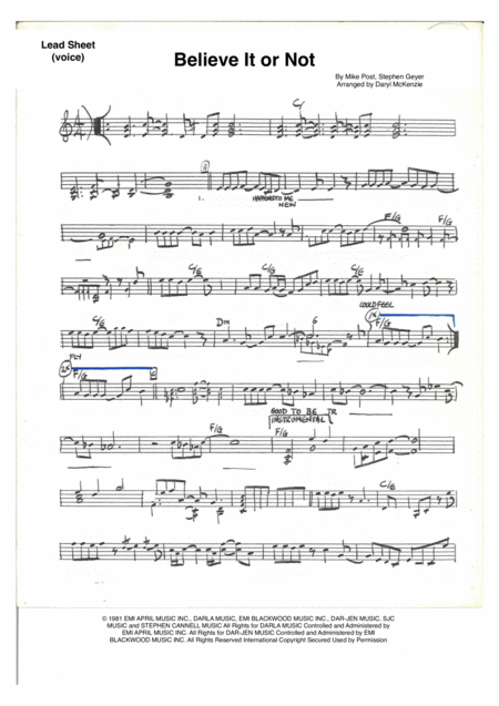 Believe It Or Not Vocal Or Instrumental 8 Piece Band Key Of C To D Sheet Music