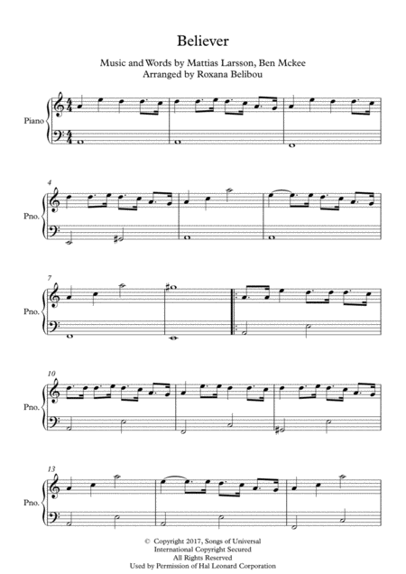 Believer A Minor By Imagine Dragons Easy Piano Sheet Music