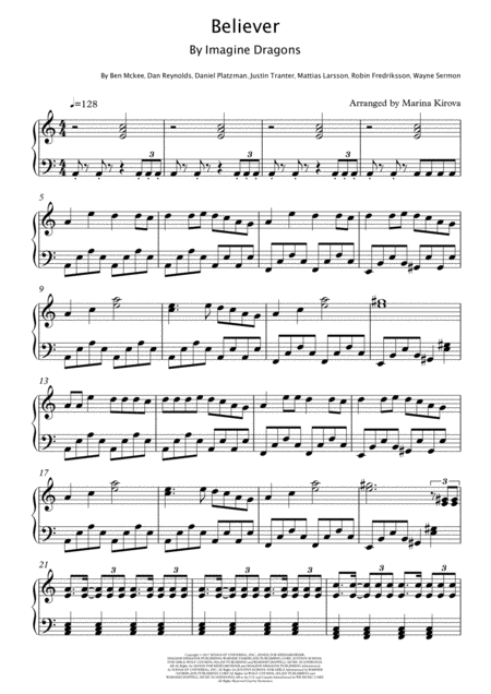 Believer By Imagine Dragons Intermediate Level Easy To Read Format Sheet Music