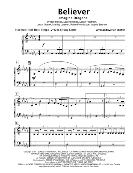 Believer Imagine Dragons Easy Piano In The Original Key Sheet Music