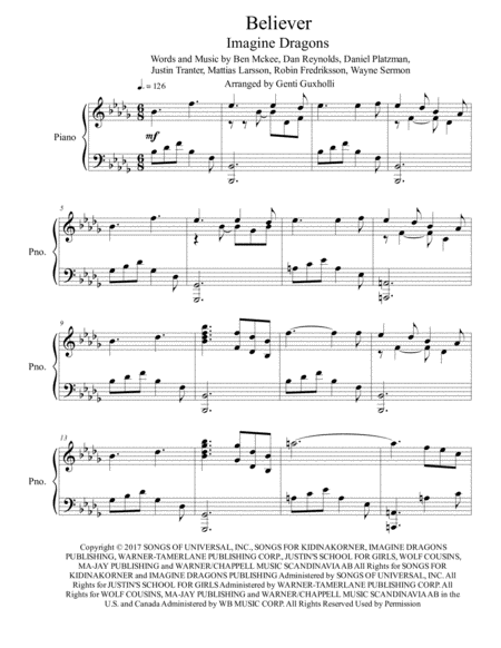 Believer Piano Solo Sheet Music