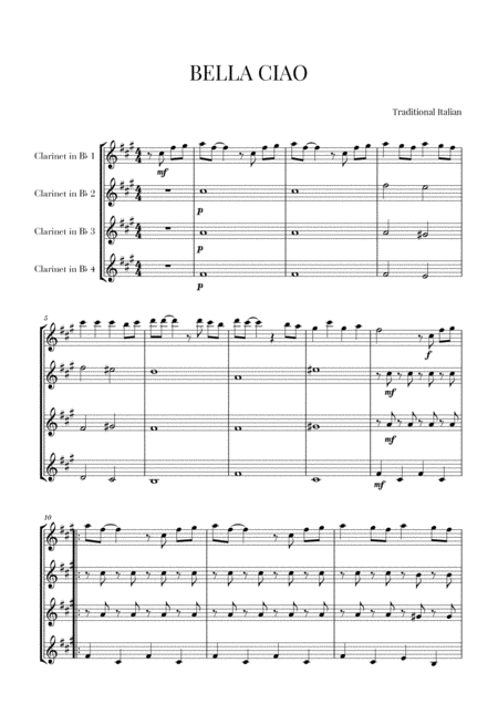 Bella Ciao For Clarinet Quartet Sheet Music