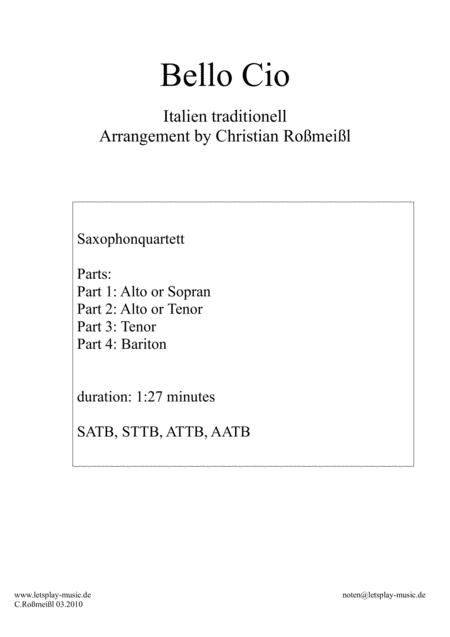 Free Sheet Music Bella Ciao For Saxophonquartett