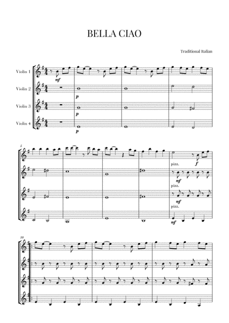 Bella Ciao For Violin Quartet Sheet Music