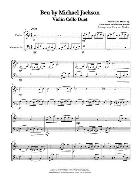 Ben By Michael Jackson Violin Cello Duet Two Tonalities Sheet Music