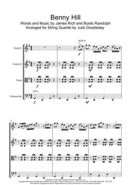 Benny Hill Theme Tune For String Quartet Score And Parts Sheet Music