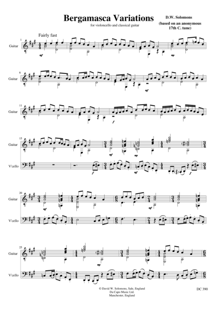 Bergamasca Variations For Cello And Guitar Sheet Music