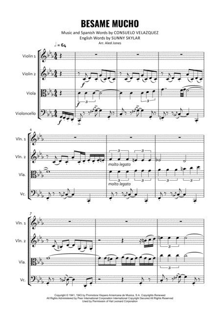 Besame Mucho Kiss Me Much For String Quartet Sheet Music