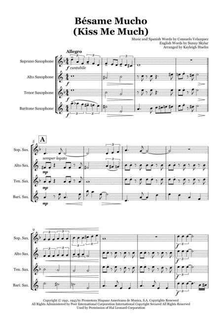 Besame Mucho Kiss Me Much Saxophone Quartet Satb Sheet Music