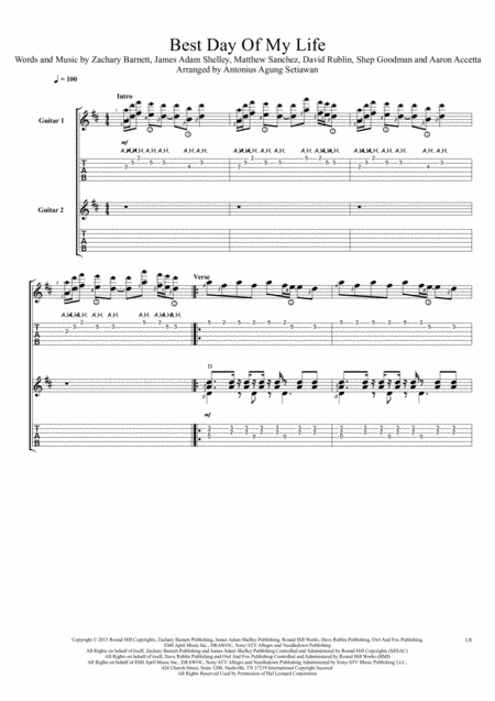 Best Day Of My Life Fingerstyle Guitar Duet Sheet Music