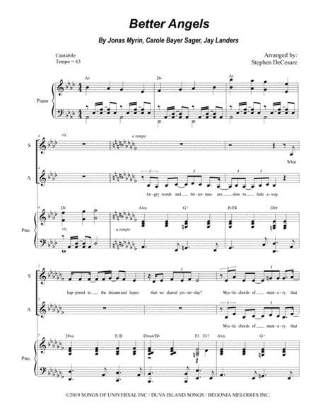 Better Angels For 2 Part Choir Sa Sheet Music