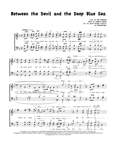 Free Sheet Music Between The Devil And The Deep Blue Sea Quartet Pricing