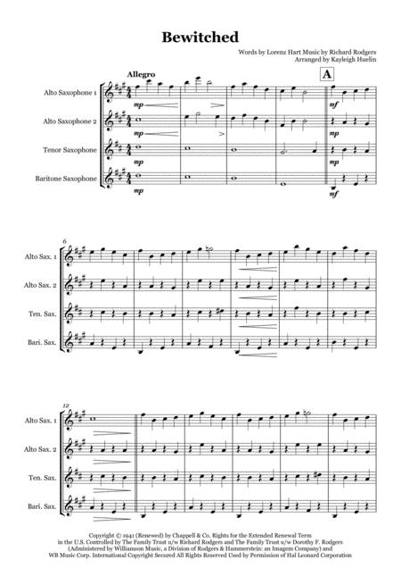 Free Sheet Music Bewitched By Rodgers And Hart Saxophone Quartet Aatb