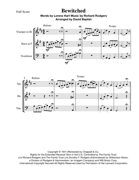 Free Sheet Music Bewitched For Brass Trio