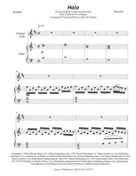 Free Sheet Music Beyonce Halo For Clarinet Piano