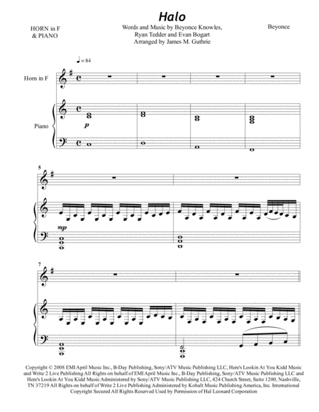 Beyonce Halo For French Horn Piano Sheet Music