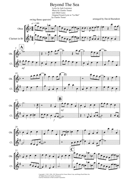 Free Sheet Music Beyond The Sea For Oboe And Clarinet Duet