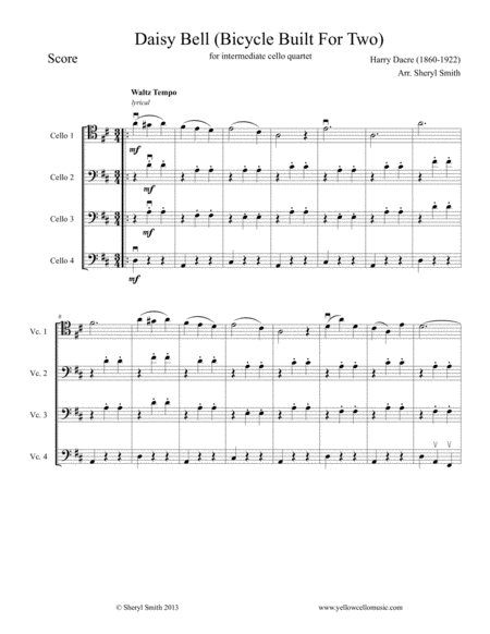 Bicycle Built For Two Arranged For Four Intermediate Cellos Cello Quartet Sheet Music