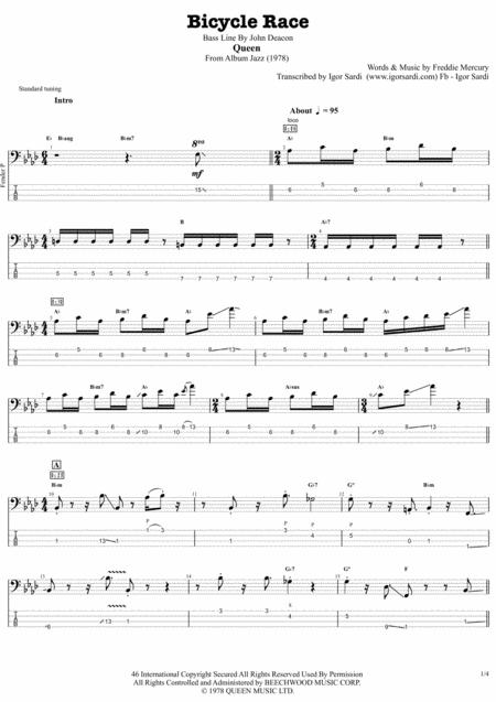 Free Sheet Music Bicycle Race Queen John Deacon Complete And Accurate Bass Transcription Whit Tab