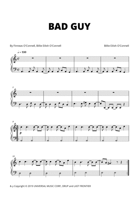 Billie Eilish Bad Guy Easy Piano C Major Sheet Music