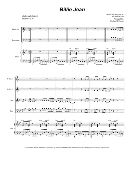 Billie Jean For Brass Quartet And Piano Sheet Music