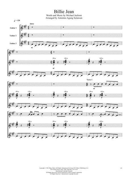 Billie Jean Trio Guitar Score Sheet Music