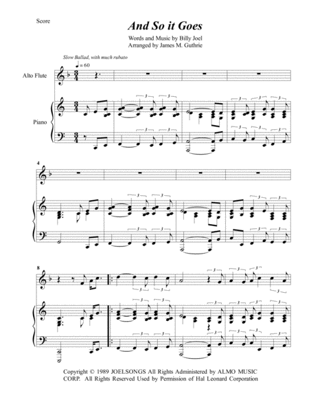 Billy Joel And So It Goes For Alto Flute Piano Sheet Music