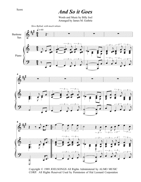 Billy Joel And So It Goes For Baritone Sax Piano Sheet Music