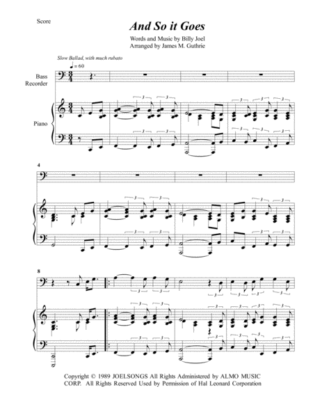 Billy Joel And So It Goes For Bass Recorder Piano Sheet Music