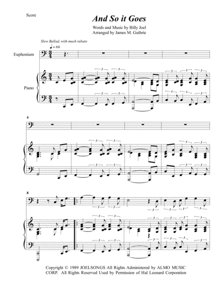 Billy Joel And So It Goes For Euphonium Piano Sheet Music