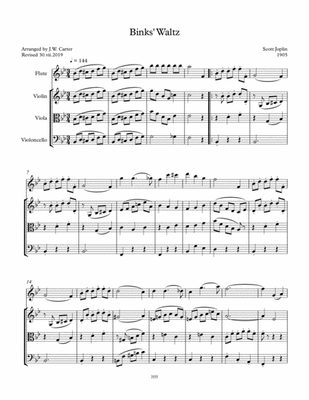 Binks Waltz By Scott Joplin For Flute String Trio Sheet Music