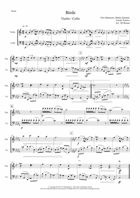 Birds Anouk Stringduet Versions For Viola Cello And Violin Cello Sheet Music