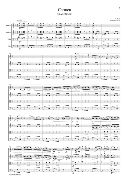 Free Sheet Music Bizet Aragonaise From Carmen For String Quartet Cb101