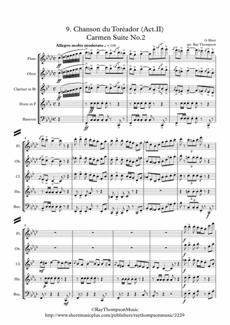 Bizet Chanson Du Torador Act Ii Carmen Suite No 2 Wind Quintet Sheet Music