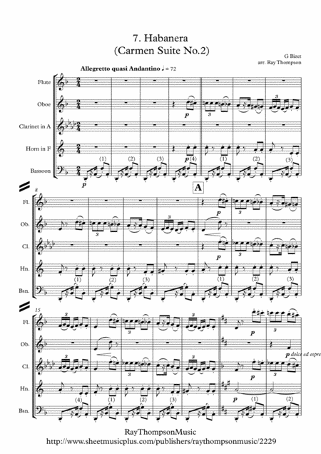 Bizet Habanera Carmen Suite No 2 Wind Quintet Sheet Music