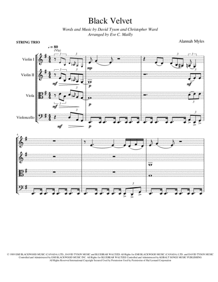 Free Sheet Music Black Velvet Alannah Myles String Trio