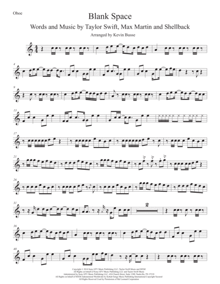 Blank Space Easy Key Of C Oboe Sheet Music