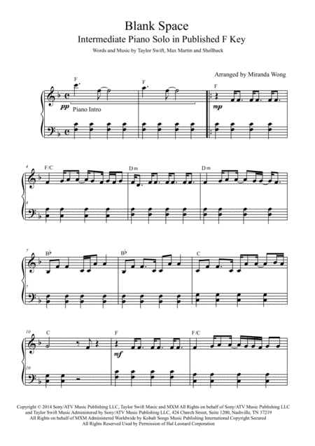 Free Sheet Music Blank Space Easy To Intermediate Piano Solo In Published F Key With Chords